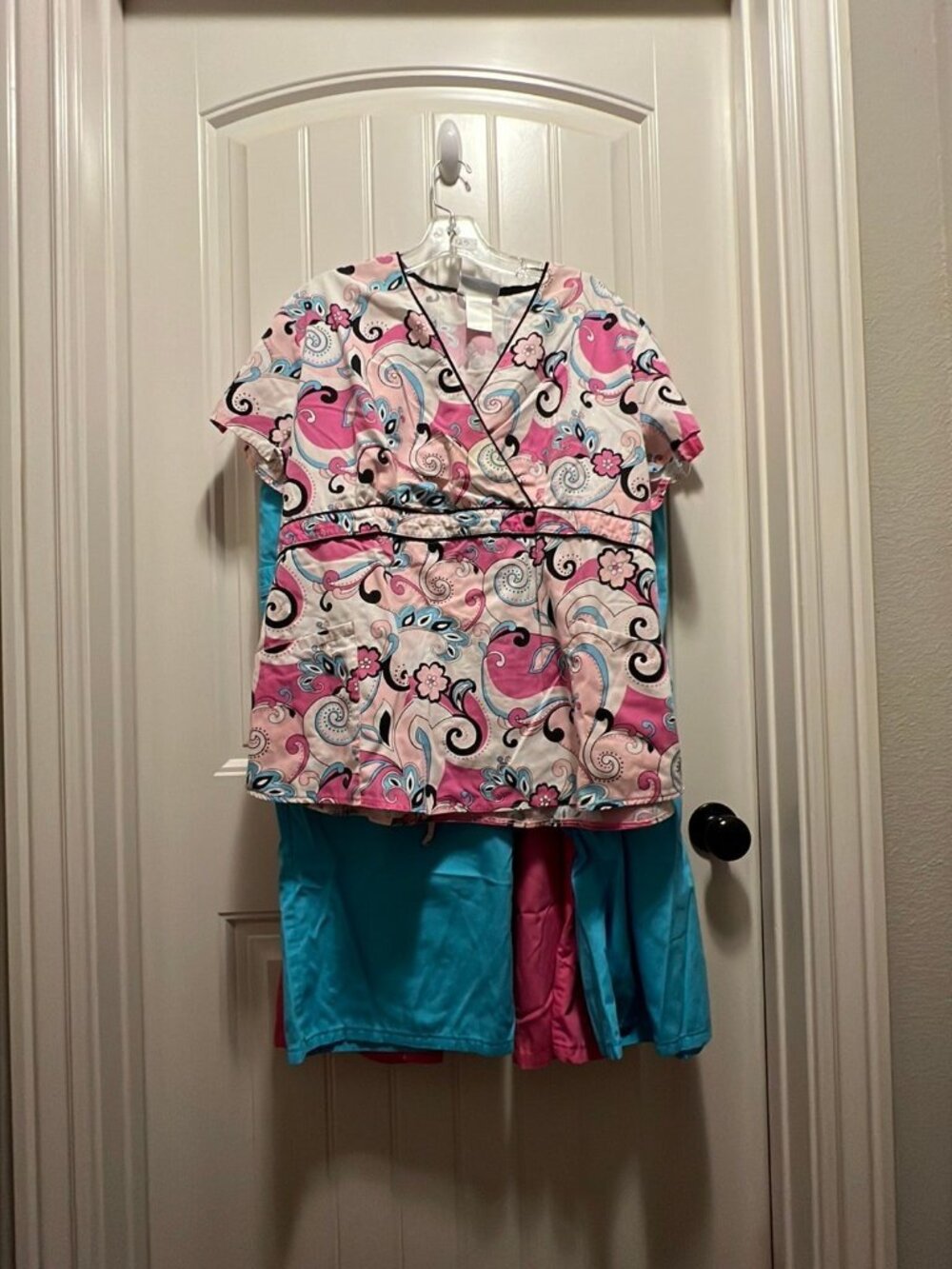 SB Pink and Blue Scrub Set - Top with Paisley Design, Pink, Blue Pants Size 2X